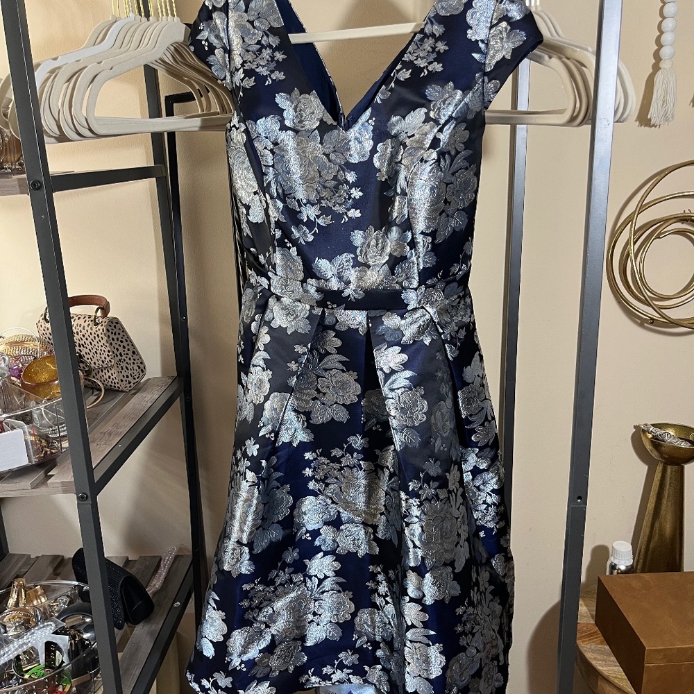 Navy and silver formal A line dress